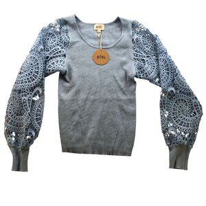 NWT Bibi Womens Blouse Size XL Blue Rib Knit Lace Sleeve Peasant Boho Casual